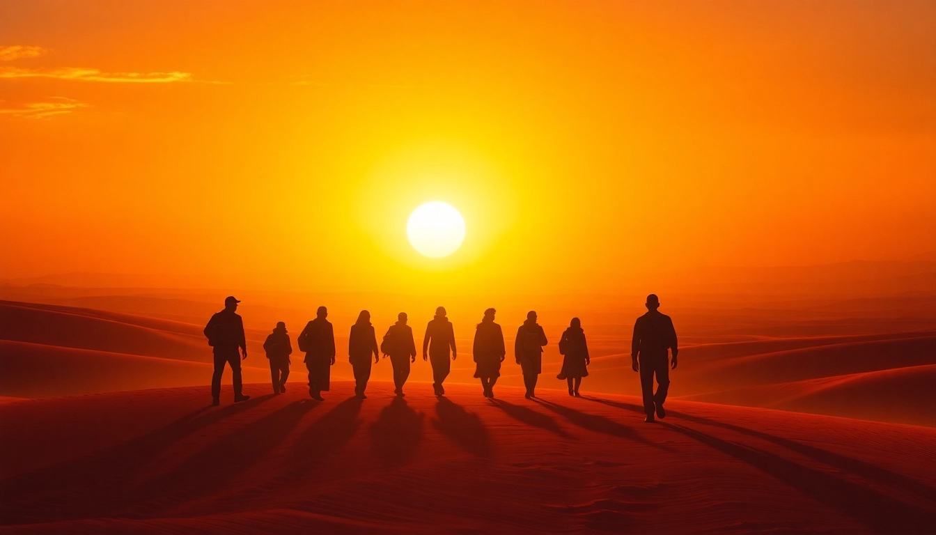 Travelers embark on an exodus journey through a vibrant desert landscape at sunset.